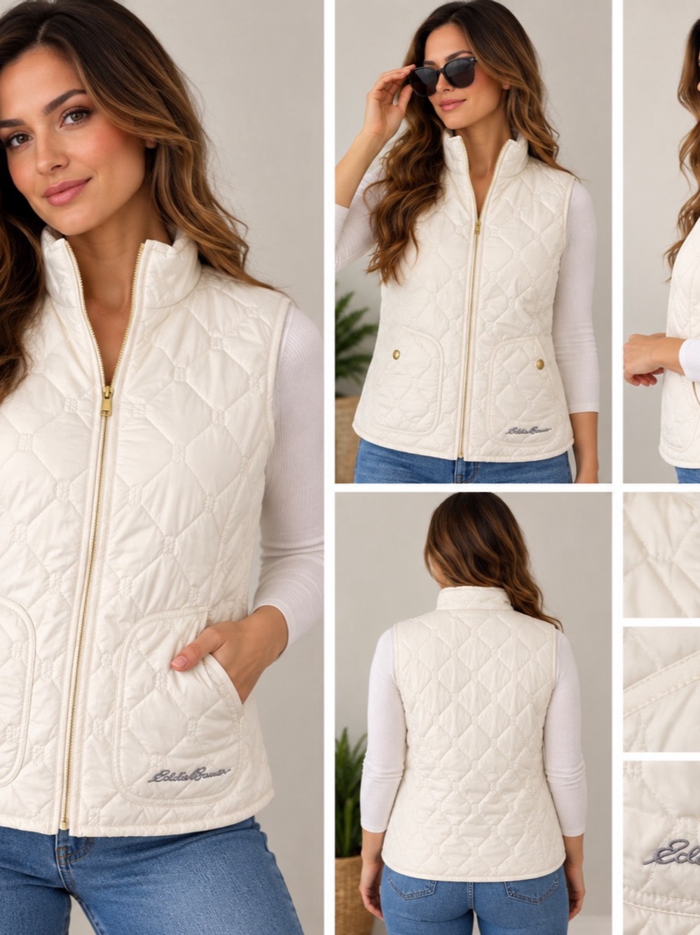 Eddie Bauer Women’s Quilted Vest Size S Ivory Cream Full Zip